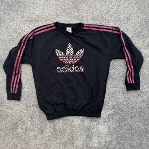 Adidas Sweatshirt Mens Large Black Pink Trefoil Zebra Print Crewneck Pullover